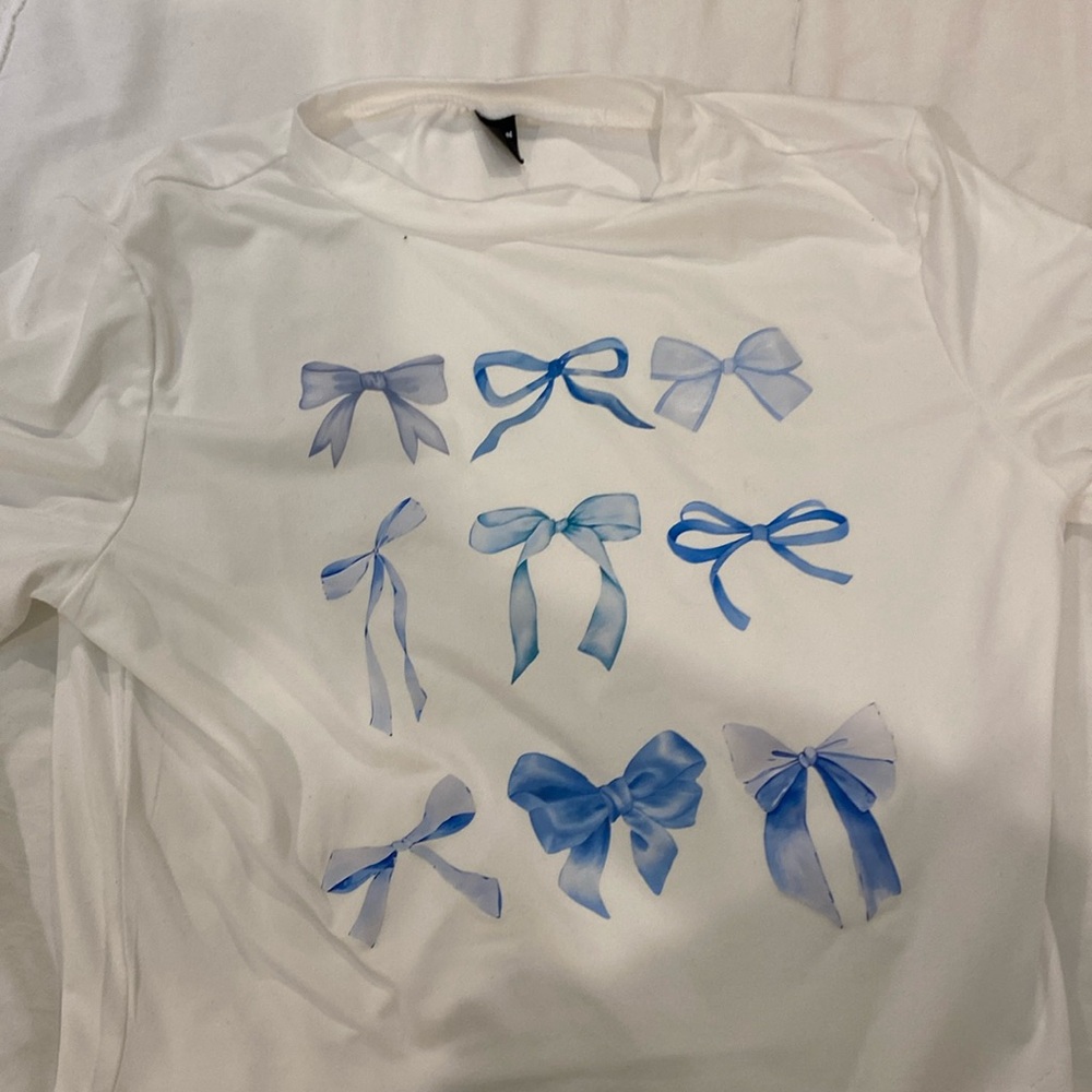 this is a cropped coquette blue ribbon tshirt. Never Worn. Size Large